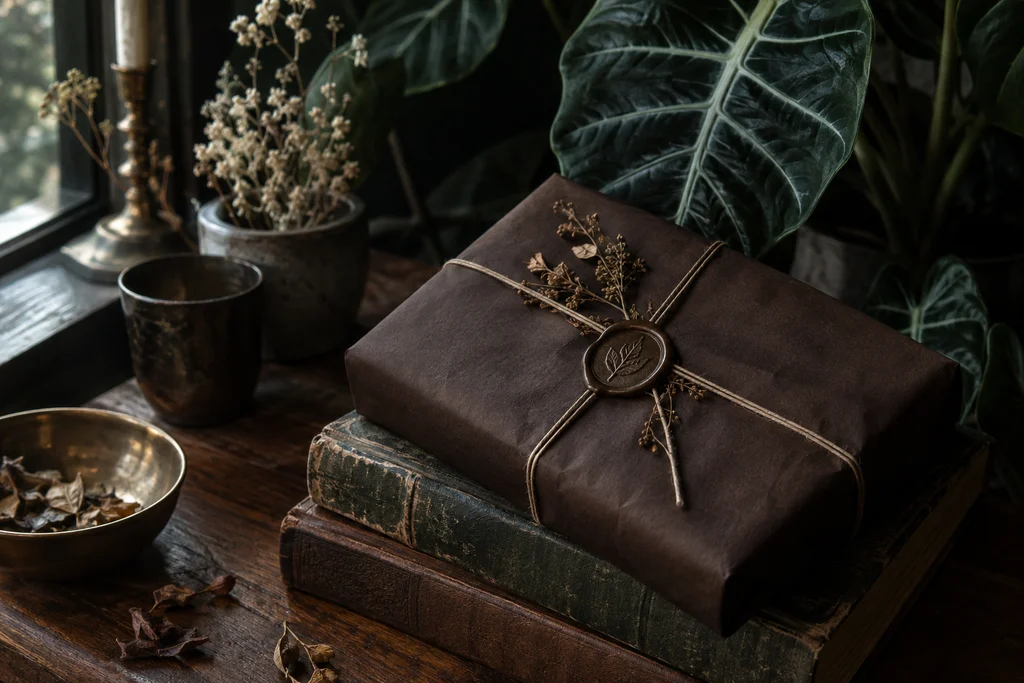 A mystery book in dark paper, tied with linen and a wax seal, among old books and alocasia leaves.