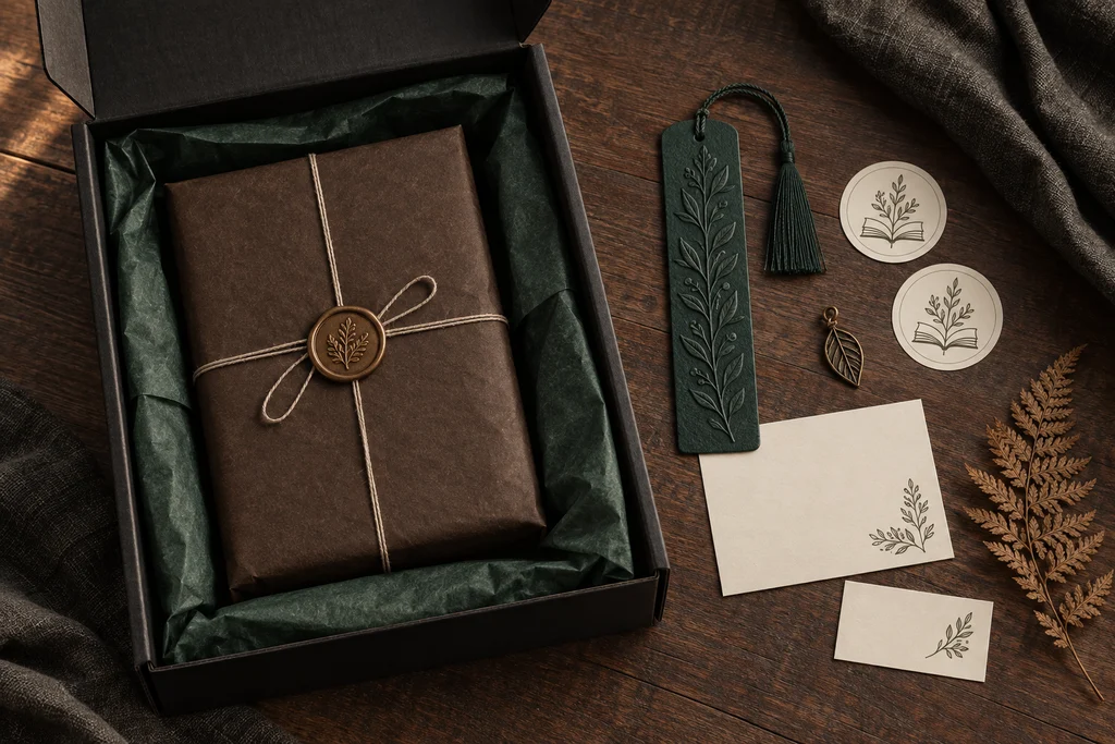 Packaging concept with a wrapped book, green tissue, botanical bookmark, stickers and a note in a dark mailer.