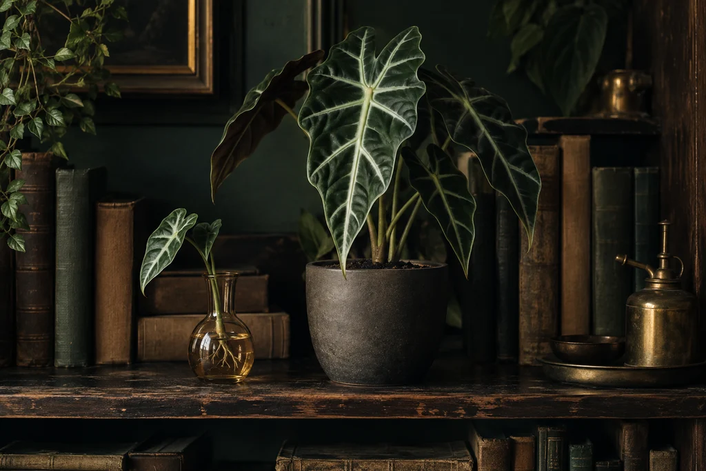 Alocasia with pale-veined green leaves beside a rooted cutting in amber glass.